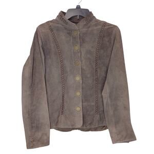 Harold's Suede Jacket Flower Buttons Long Sleeve Mandarin Collar Gray Womens M